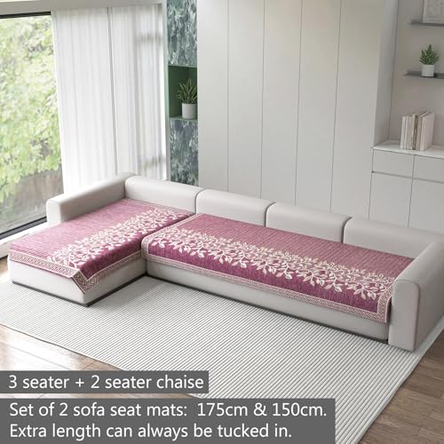 Image of Nendle Superior Velvet Floral Sofa Mat 5 Seater Set Durable Protector for Living Room Mat 3 Seater and 2 Seater, Suitable for L Shape, Sectional and U Shape Sofa (Pink, Pack of 2)