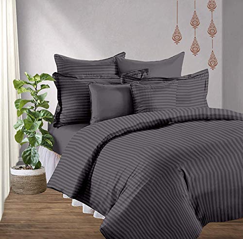 Image of YKC Glace Cotton Satin Striped Plain Color King Size Bedsheet for Double Bed with Two Pillow Covers (Dark Grey - 90 x 100 Inch)