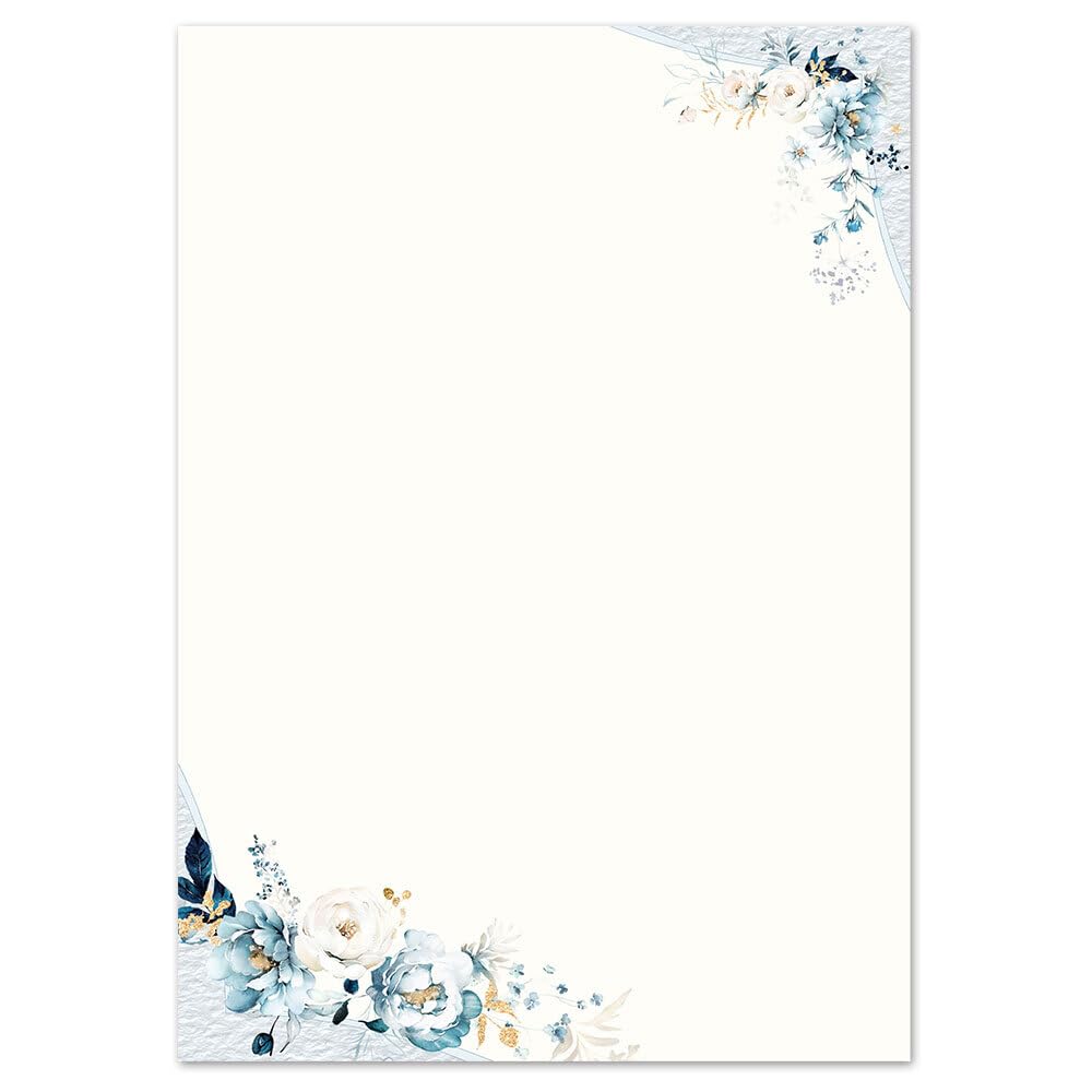 50 Sheets Letter Paper Blue Flowers DIN A4 (210 x 297 mm) 90 g/m² Floral Motif