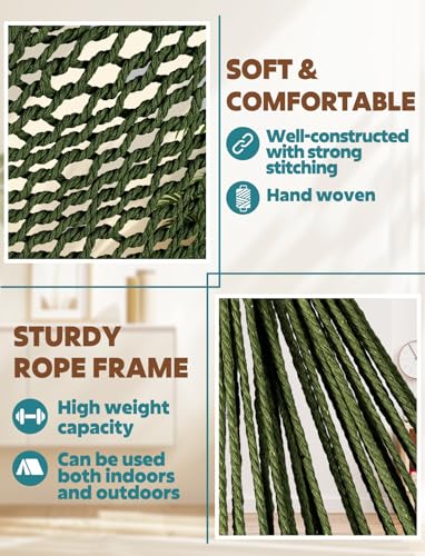 Image of Chihee Hammock Chair Handmade Woven Mesh Hanging Seat Metal Spreader Bar | Cotton Blended Rope Hanging Chair Ventilated Soft-Spun Large Stretch Hammock Swing, Elegant Macrame Indoor Outdoor Garden