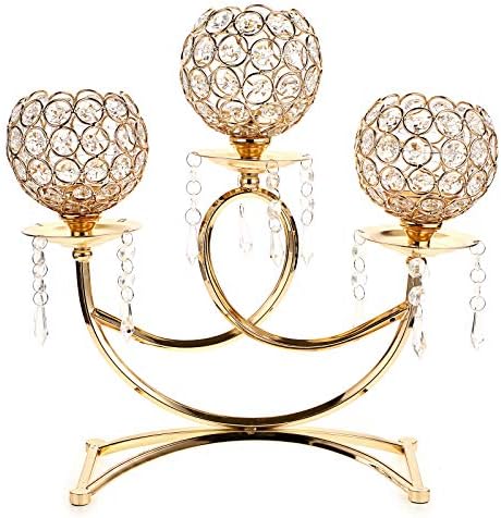 OwnMy 3 Arms Crystal Candle Holders Bowls Tealight Candelabras Candlestick Candle Stand Ornaments for Wedding Dining Table Christmas Party Home Decoration Centerpiece (Golden)