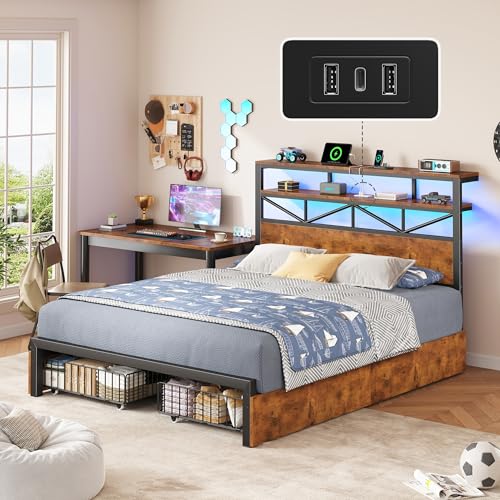 Image of Homkdom Full Size Bed Frame with Large 4 Drawers, 2-Tier Shelf, LED Light and Charging Station, Heavy Duty Platform Bed with 880 lbs Capacity, Easy Assembly,Vintage Brown