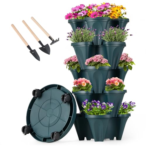 GameXcel Vertical Planter Tower - 5 Tier Stackable Garden Planters with Wheels and Tools Plant Pots for Strawberry Herb Flower and Vegetable Indoor Outdoor Use Green