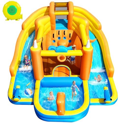 BOWTHY Ultra Inflatable Bounce House Water Slide,15x13FT Mega Water Park with Dual Slides,750W Blower,Climbing Wall,Splash Pool,Basket-Rim,Water Cannon,Great Party Gift for Kids Backyard