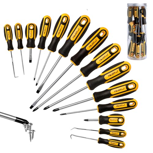 YSJOYTOOL 14-Piece Magnetic Screwdriver Set, 5 Phillips and 5 Flat Tips with 4 Pick & Hooks - Storage Bucket(14PCS)