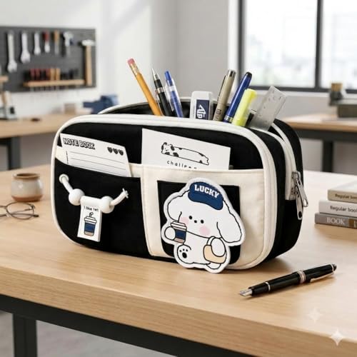 Image of Lucky Dog Pencil Pouch, 4 Compartment Storage Case | Cute Lucky Dog pencil pouch with double zipper design and spacious multi-compartment storage.