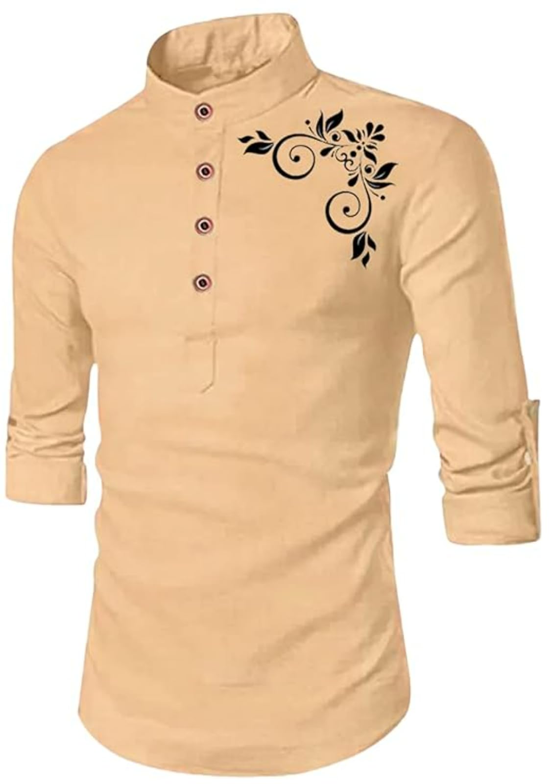 DEEMOON Men's Regular Fit Floral Short Kurta, beige, M