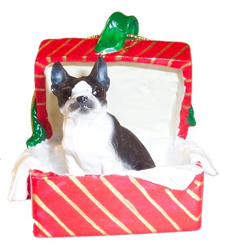 Boston Terrier Dogs Red Gift Box Christmas ORNAMENT by Conversation Concepts