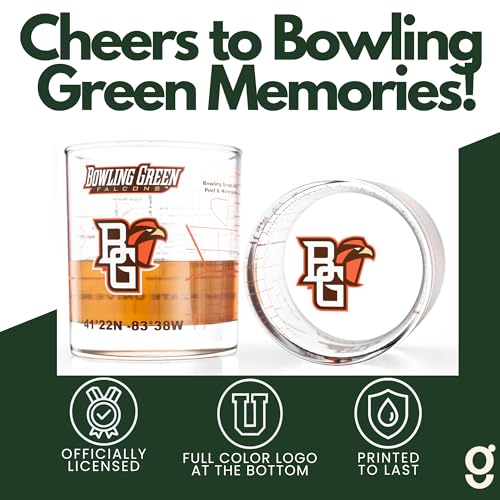 Image of Greenline Goods Bowling Green University Falcons Whiskey Glasses Set of 2, 10 oz Rocks Glasses with Full-Color Logo & Campus Map - Officially Licensed Bourbon Glass Gift for Alumni & Fans