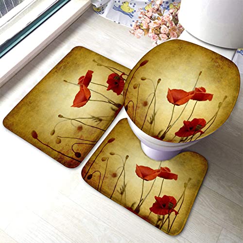 Badezimmerteppich-Set, 3-teilig, roter Mohn, natürliche Kunst, waschbare Badeteppiche, rutschfest, mit Stützpolster, Konturteppich und Toilettendeckelbezug