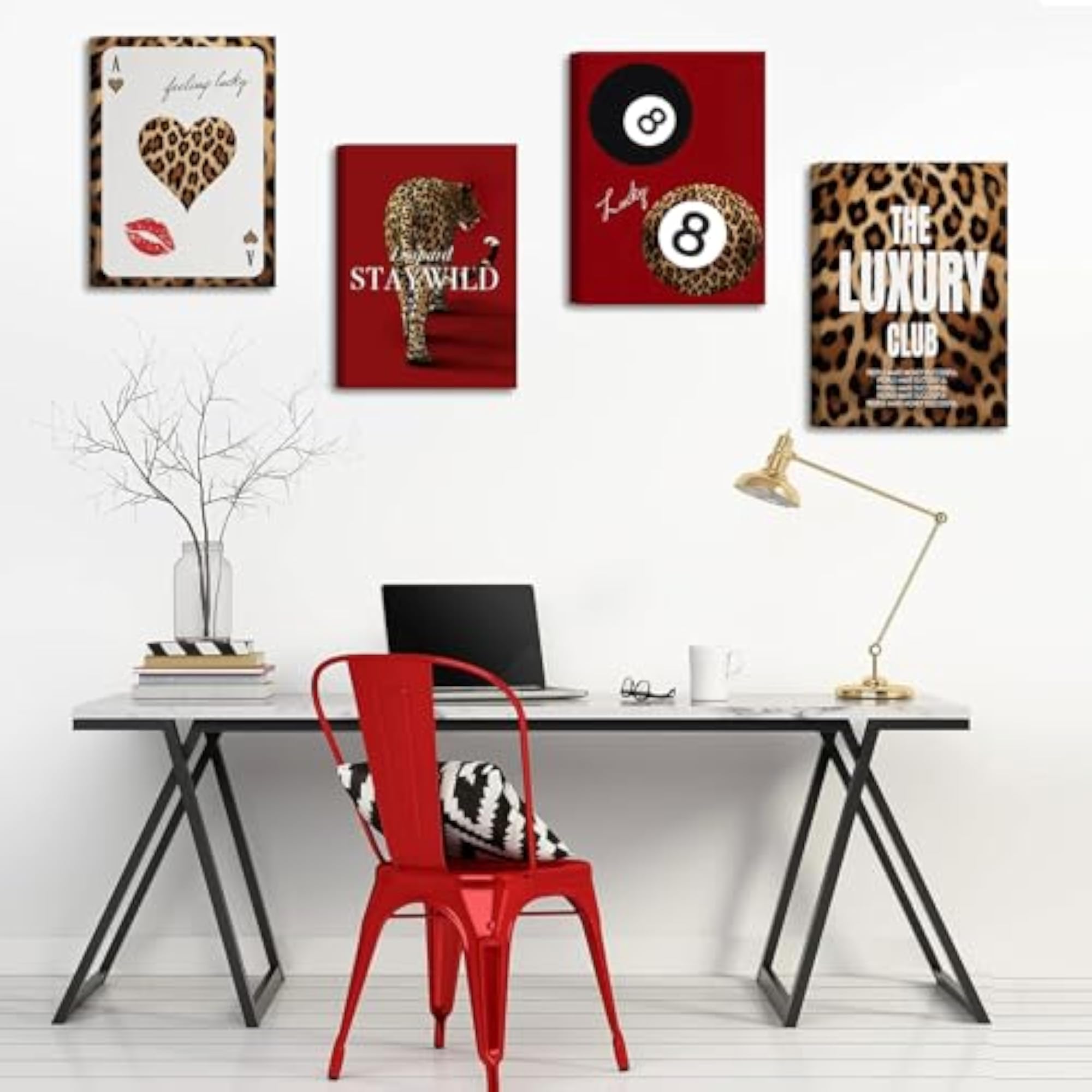 4Pcs Red Trendy Leopard Canvas Wall Art, Wild Cheetah Decor
