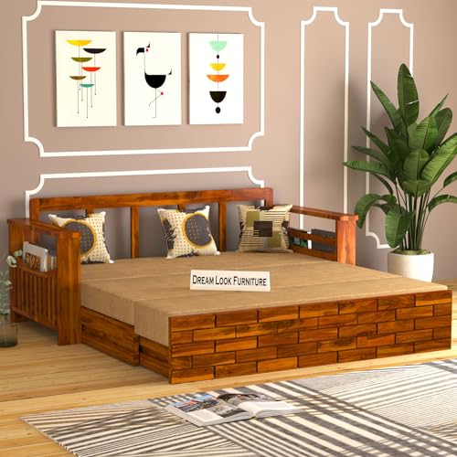 Image of Solid Wood Italian 3 Seater Sofa Cum Bed for Living Room | Three Seater Sofa Bed for Home | Sofa Com Bed | Sheesham Wood,Natural Finish Beige Cushion,3-Person Sofa