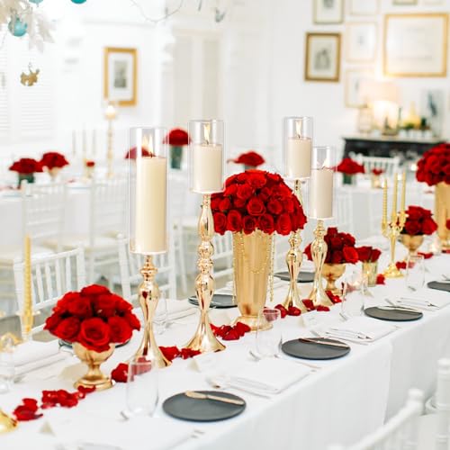 Shihanee 36 Pcs Pillar Candles and Glass Cylinder Vases Tall Cylinder Holders for Pillar Candles Wedding Centerpieces, Total 18 Sets(2.6'' X 4.7'', 5.9'', 7.9'',Clear,Ivory White)