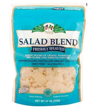 Salad Blend Freshly Shaved Cheese , parmesan, provolone and Romano cheeses. A great choice for salads, pastas, and grilled vegetables. cheese is made gluten free from local milk in the great state of Wisconsin. [ 16 oz , 1 lb ]