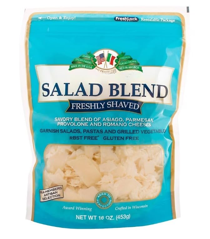 Salad Blend Freshly Shaved Cheese , parmesan, provolone and Romano cheeses. A great choice for salads, pastas, and grilled vegetables. cheese is made gluten free from local milk in the great state of Wisconsin. [ 16 oz , 1 lb ]
