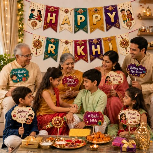 Image of Festiko Happy Rakhi Banner with 10 Pcs Photo Booth Props Combo, Raksha Bandhan Decoration Kit for Home, Family Celebration, Party Decor, Sibling Photoshoot Backdrop Supplies