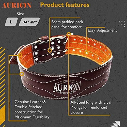 Image of Aurion Pro Dead Lift Genuine Leather Weight Lifting Lever Belt (Large, Grey, Pack of 1) & Aurion Premium Pro Genuine Leather Weightlifting Belt - (Large Size, Coffee Color, 1pc)
