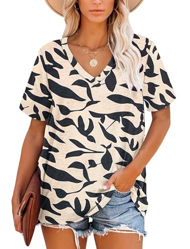 MOLERANI T Shirts for Women Tops Short Sleeve V Neck Summer Tops Casual Loose Tee Apricot Black Leaf L