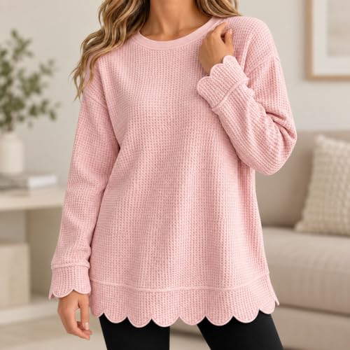 Women Tunic Scalloped Sweatshirt Crewneck Long Sleeve Waffle Knit Tops - image 3