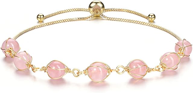 JOVIVI Healing Rose Quartz Beads Bracelet Women Pink Crystals Gemstones Reiki Chakras Stone 14K Gold Plated Bangle Adjustable Girls Jewellery Gifts