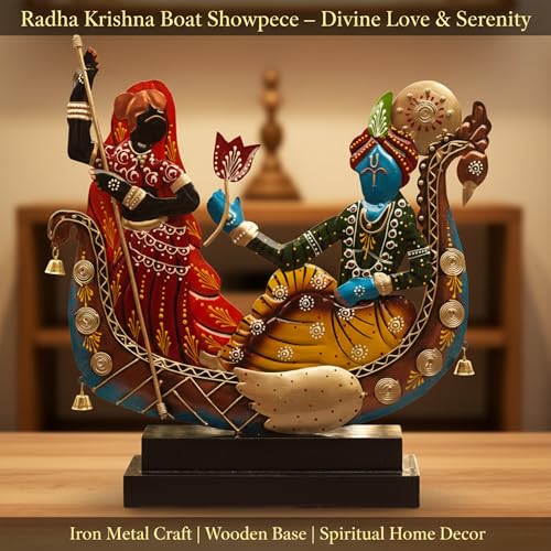 Image of KRAFTSKALA Radha Krishna Boat Showpiece for Home Decor | Iron Metal Decorative Idol with Wooden Base | 15 Inch Spiritual Statue for Living Room, Bedroom, Temple & Gifting