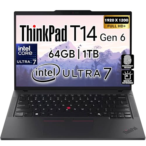 Image of Lenovo ThinkPad T14 Gen 6 Business Laptop 14 inch FHD+ IPS, Intel Ultra 7 255U, 64GB DDR5 RAM, 1TB SSD, 5MP Webcam, Fingerprint, Backlit, Wi-Fi 6E, 2 Thunderbolt 4, AI PC, W11P