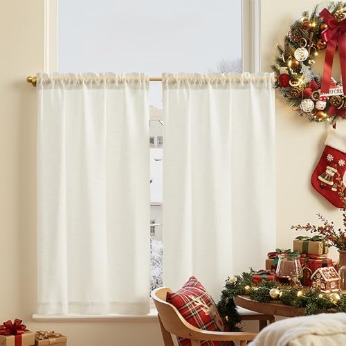 TOPICK Linen Blend Kitchen Curtains, 45 Inch Drop Small Cafe Curtains, Solid Pattern Light Filtering Short Curtain Tiers for Bathroom, Sink, Bedroom, Rod Pocket, 2 Panels, White, W 26 x L 45 Inch