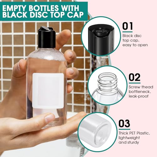 Image of 8 oz Clear Plastic Refillable Travel Shampoo and Conditioner Bottles with Black Disc Top Caps 3 Packs Empty Squeeze Bottles Cosmetic Containers for Lotions, Body Soap Cream