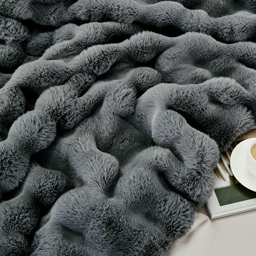 JONIYEAR Large Solid Thick Bubble Faux Rabbit Fur Bed Blanket Queen Size 80" x 90", Decorative Cute Cozy Fluffy Gray Warm Blanket for Winter,Reversible Big Luxe Fuzzy Comfy Shaggy Furry Blankets, Grey