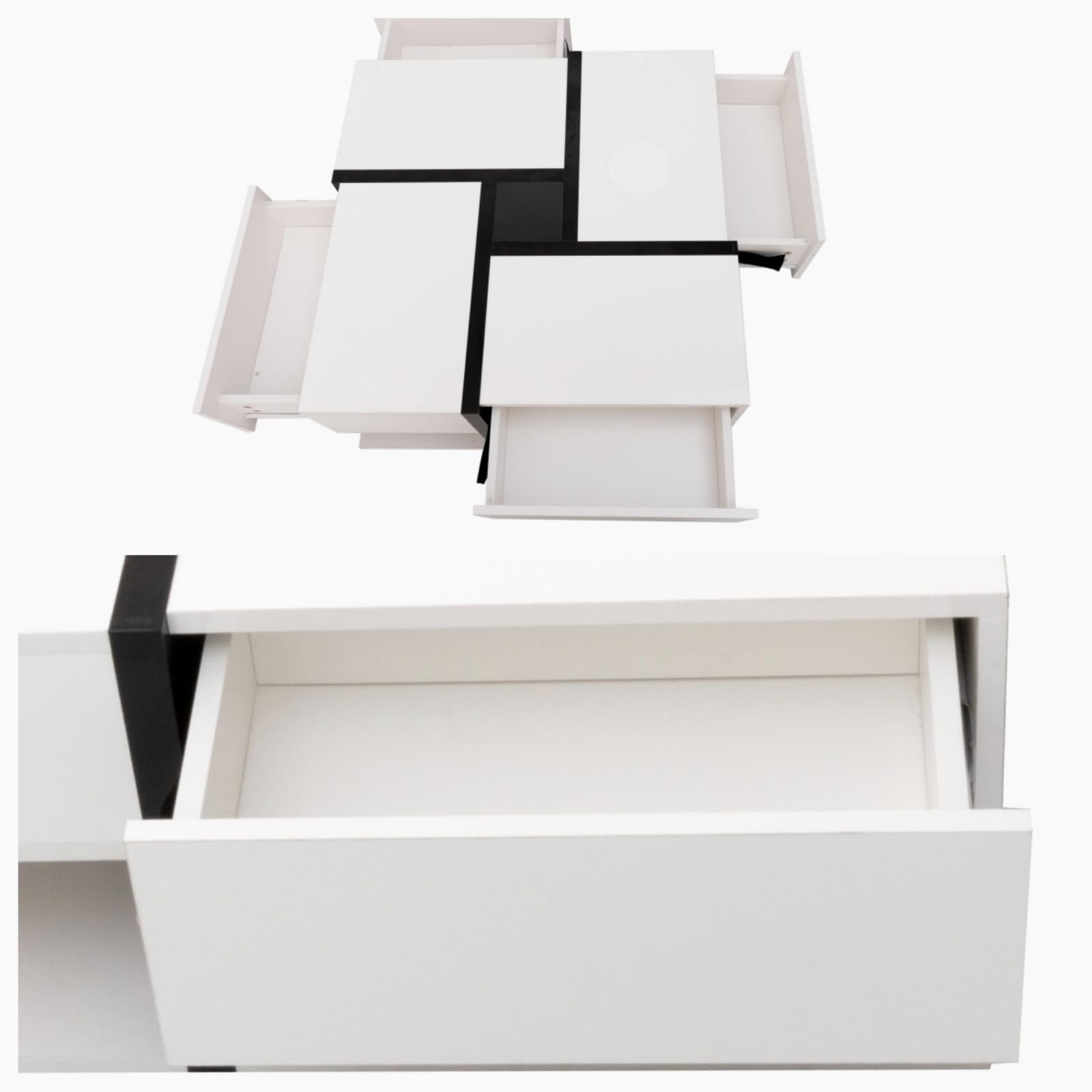 KOMHTOM Table basse carrée blanche moderne. Table d'appoint avec quatre tiroirs et compartiment de rangement ouvert, table basse pour salon chambre à coucher (Blanc+Noir)
