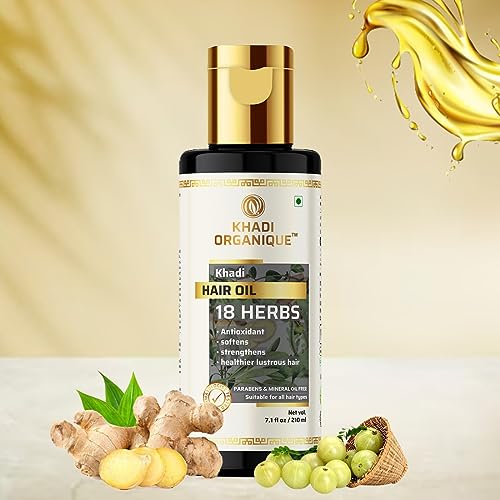Image of Khadi Organique 18 Herbs Herbal Hair Oil to Repair Dry Scalp | Softens Hair, Prevents Dandruff & Hair Growth | Natural & Non-Sticky Formula | Paraben & Sulphate Free Formula for Women & Men - 210ml