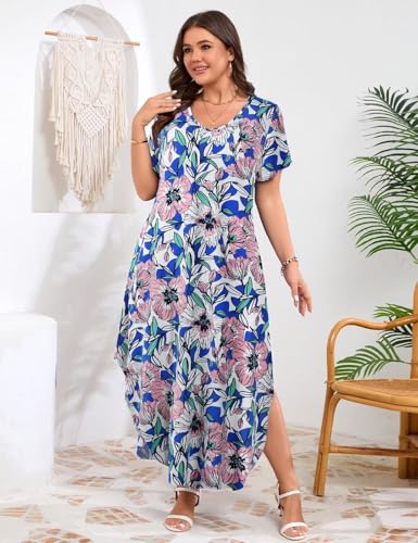 Image of JollieLovin Womens Plus Size Casual Summer Maxi Long Dress Short Sleeve T-Shirt Loose Sun Dress(L-5X)