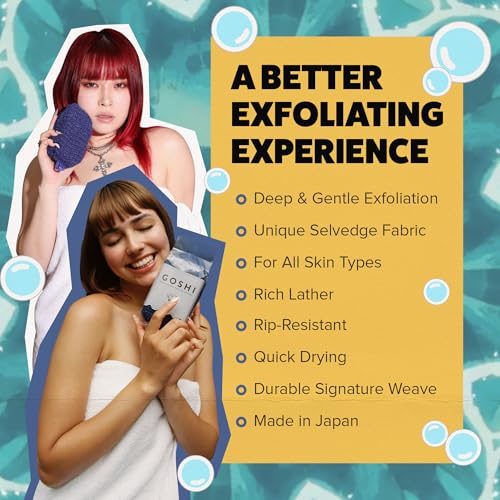 Image of GOSHI Exfoliating Shower Sponge - Rip-Resistant, Rapid-Drying Exfoliating Bath Sponge for All Skin Types - Indigo Blue - Made in Japan