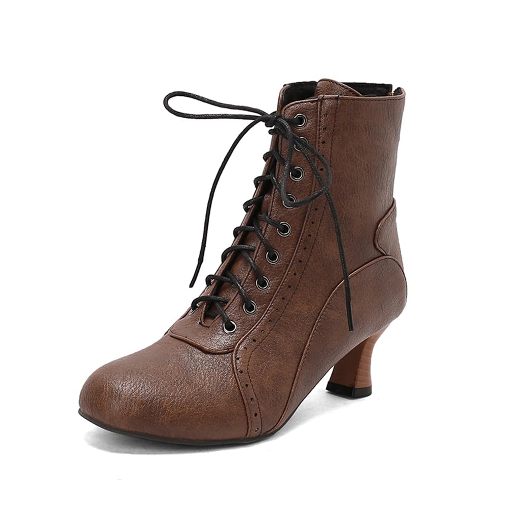Ankle Boots Women Vintage Victorian Round Toe Kitten Heel Dress Party Lage Size Booties with Lace Up and