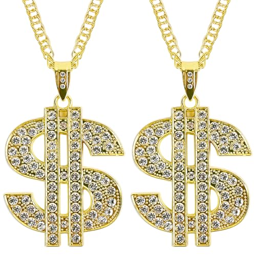QVYQVY 2 Pcs Dollar Sign NecklacesGold Plated Hip Hop Chain Necklace Pendant for Men HalloweenTrendy Style (Hip hop necklace)