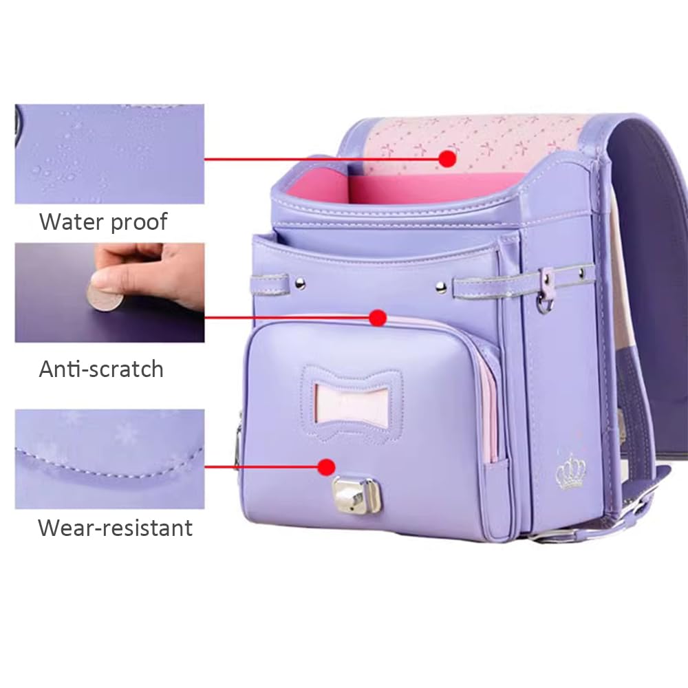Schulranzen Großer Rucksack aus PU-Leder mit automatischem Schloss Leichte Büchertasche (Lila 35 x 27 x 20 cm)