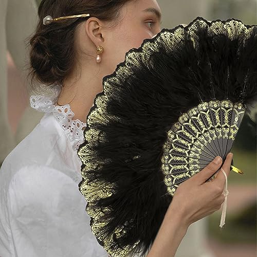 SKHAOVS 2 Pcs 1920s Vintage Style Folding Handheld Feather Fan Marabou Feather Fan - Image 4