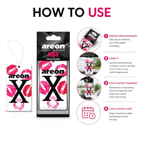 Image of AREON X Kiss Hanging Air Freshener - Vanilla Mystery Long Lasting Hanging Fragrance for Car Interior - Stylish Hanging Scent Freshener - Premium Aroma Experience with Easy to Use Design (Pack of 3)
