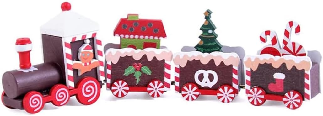 Christmas Train Decorations Christmas Gingerbread Man Train 3 Carriages Mini Wooden for Kids, Party Decorations (Dark Red)