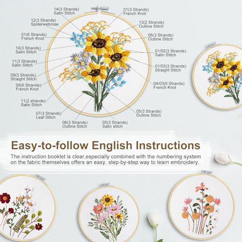 Image of KintKita Floral Embroidery Kit for Adults 4 Sets, Easy DIY Embroidery Kits for Beginners Stamped Cross Stitch Practice Kit, Includes Stamped Flower Pattern, Hoop, Color Threads,Tools
