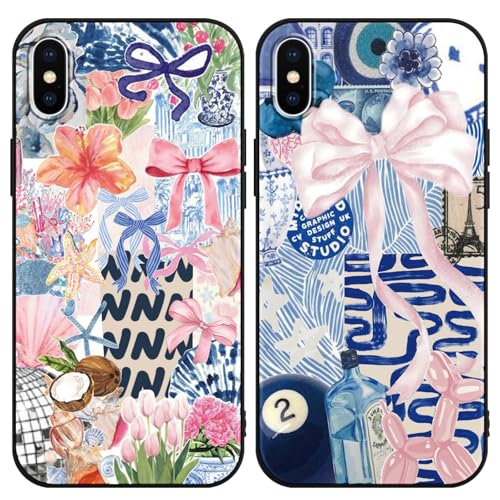 Phoona 2 Pack Cute Bow Case for iPhone X/XS 5.8", European Collage Preppy Summer Girly Design Pattern for Girls Women, Slim Soft Silicone Shockproof Bumper Protector Cover, Blue 01