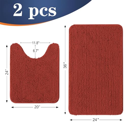 Image of OLANLY Bathroom Rugs Sets 2 Piece, Soft Absorbent Chenille Bath Mats and U-Shaped Contour Toilet Mat Area Rug Set, Machine Washable Bath Carpet, Home Decor Accessories(36 inchx24 inch+24 inchx20 inch, Red)