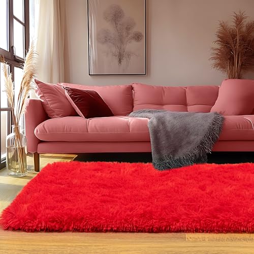 Runner Rugs for Bedroom 2x6 Rug Runners for Hallways Non Slip Soft Shag Bedside Rug, Fluffy Area Rug Throw Rugs for Living Room, Floor Carpet Runner for Nursery Kids Dorm, Red