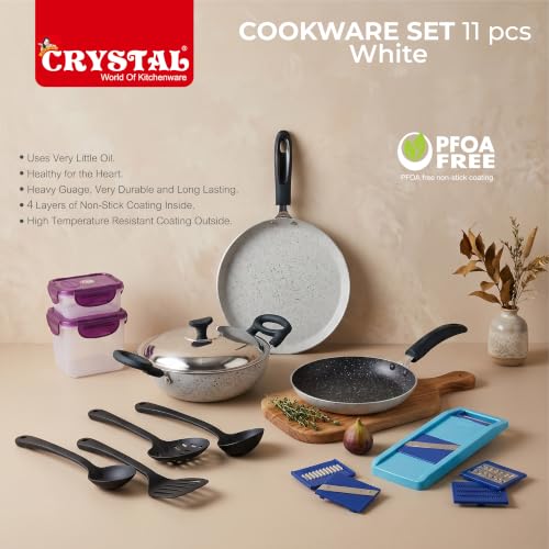 Image of Crystal 11 Pcs Non Stick Cookware Set with Storage Containers | Gas Stove Friendly | Tawa, Fry Pan, Kadhai with Lid, 4 Serving Spoons, 2 Containers & Grater Set | PFOA Free Coating