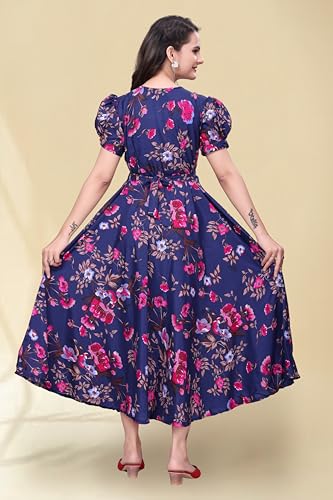 Image of Women's A-Line Crepe Maxi Dress | Stylish Fit and Flare Dress with Round Neck Short Puff Sleeves for Casual Wear