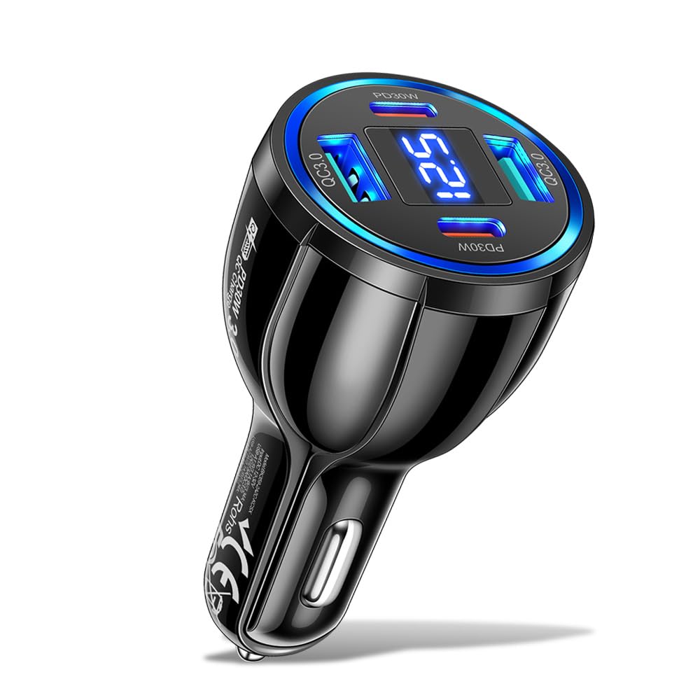 Alanph USB C Car Phone Charger Adapter with Voltmeter Compatible with iPhone 16 15 14 13 12 11, Android, Samsung, 100W 4 in 1 Multi-Port Fast Charging Cigarette Lighter USB Charger (Black)