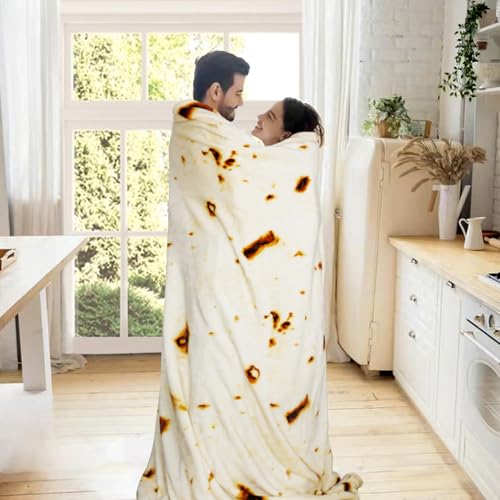 Image of Bnuitland 90 Inches Tortilla Burritos Pattern Blanket with Pouch, 300 GSM Double Sided Giant Flour Novelty Taco Funny Realistic Food Blanket for Bed Sofa, Super Soft Flannel for Adults