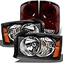 AKKON - For Dodge Dakota Black Headlights Headlamps Repalcement Pair + Dark Red Tail Lights Combo Pair Set