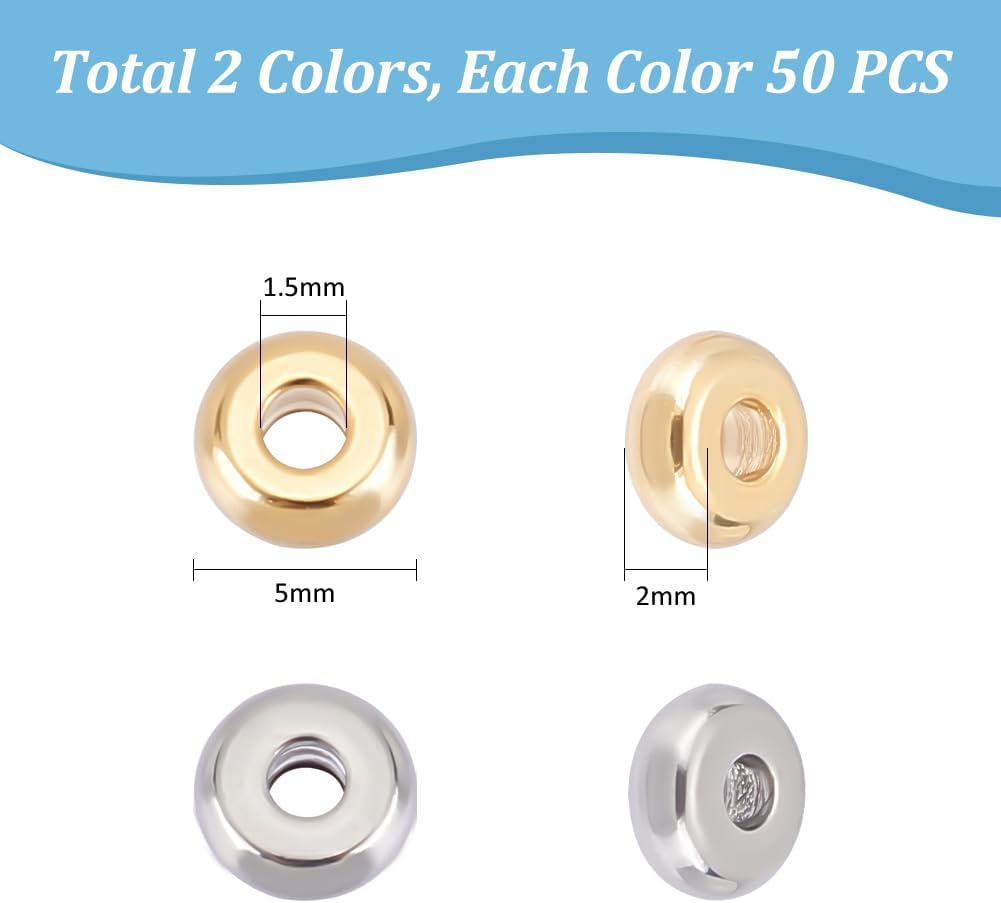 UNICRAFTALE 100 Pcs 2 Colors Stainless Steel Spacer Beads - 5mm Flat Round Loose Beads for DIY Bracelet Necklace Jewelry Making - Image 3