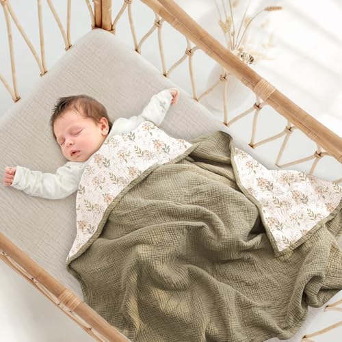 Image of lulumoon Muslin Baby Blanket for Unisex - Soft Cotton Receiving Blanket for Infant - 4 Layer Reversible Breathable Crib Bedding for Stroller and Nursery Decor 47 inchx47 inch (Olive Flower)